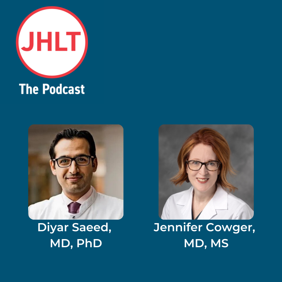 JHLT the podcast logo on a blue background with headshots of Diyar Saeed and Jennifer Cowger both in white lab coats